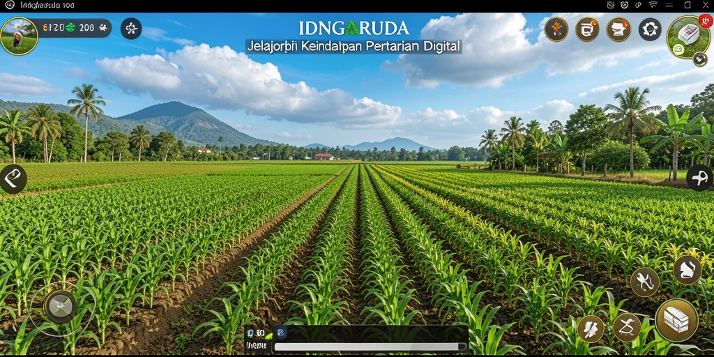Tampilan utama gameplay dengan pemandangan ladang pertanian yang indah.