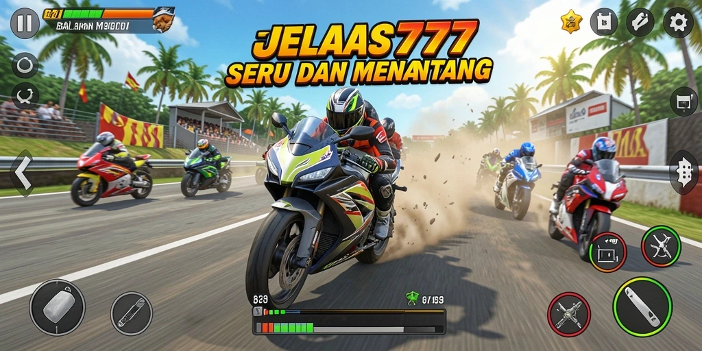 Screenshot utama JELAS777 menampilkan aksi balapan motor yang mendebarkan.