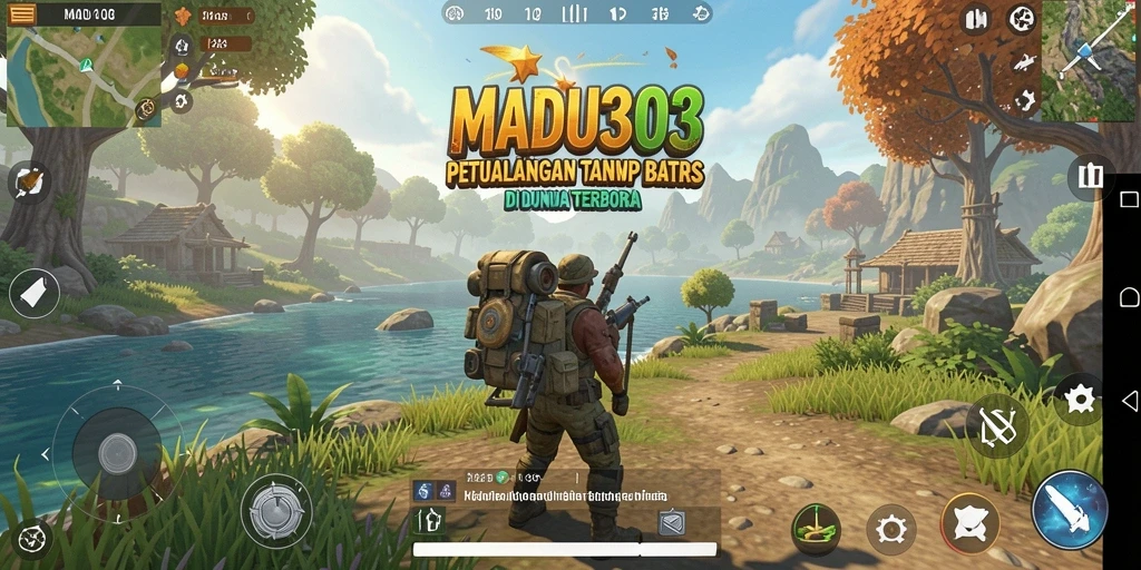 Screenshot MADU303 menampilkan pemain menjelajahi dunia terbuka yang luas.