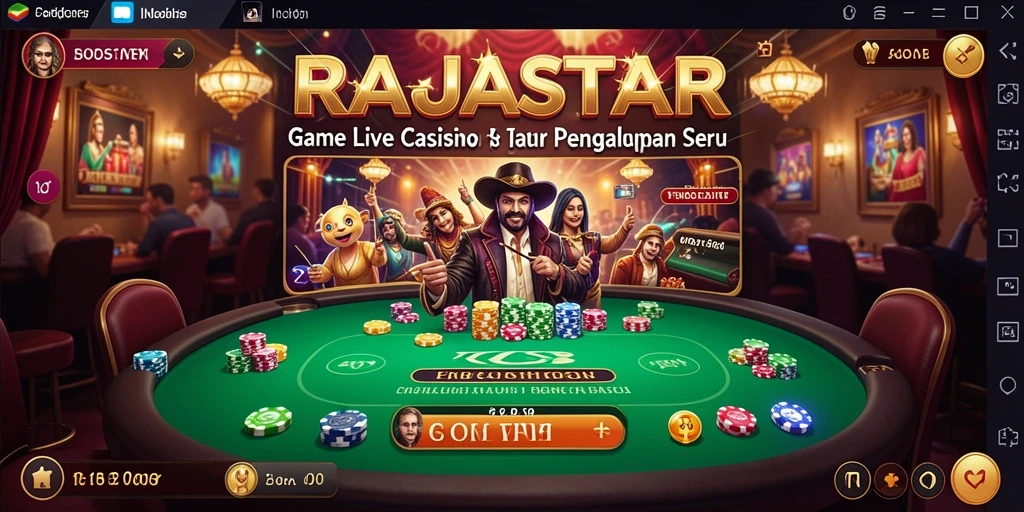 Screenshot gameplay <strong>RAJASTAR</strong> menampilkan dealer langsung dan suasana kasino yang menarik.