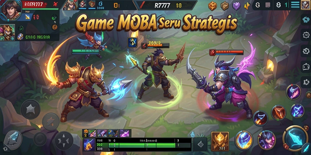Screenshot gameplay RR777 yang menampilkan pertarungan seru di arena MOBA.