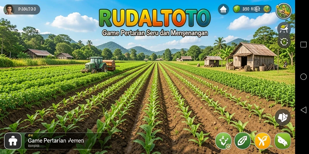 Screenshot RUDALTOTO menunjukkan aktivitas pertanian yang dinamis dan penuh warna.