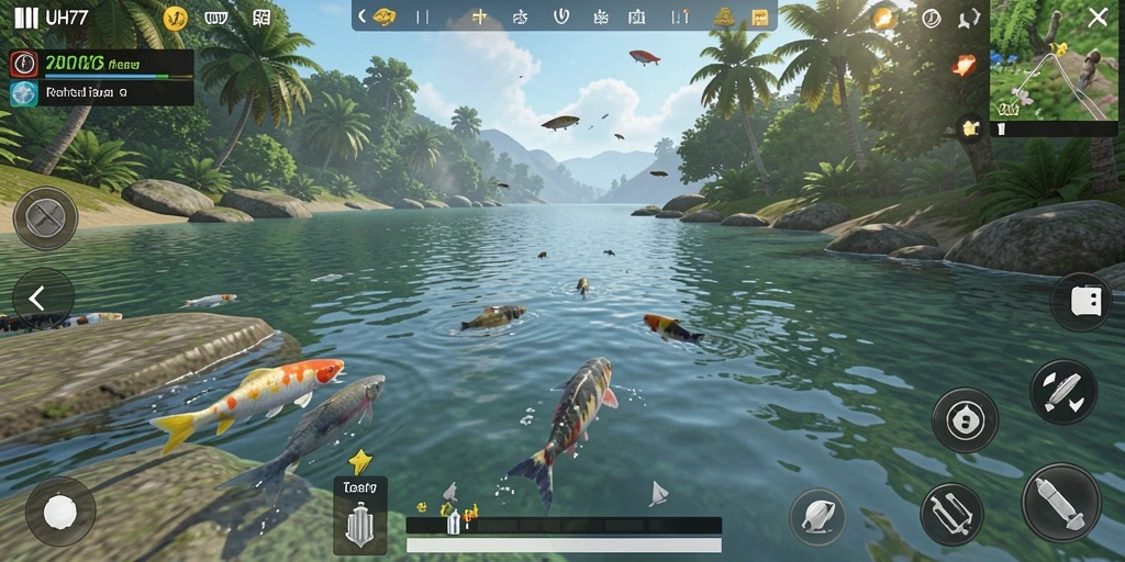Screenshot gameplay UH77 menampilkan aksi memancing yang mendebarkan.