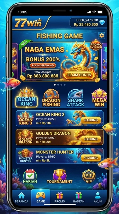 Tampilan antarmuka utama aplikasi 77win yang intuitif.
